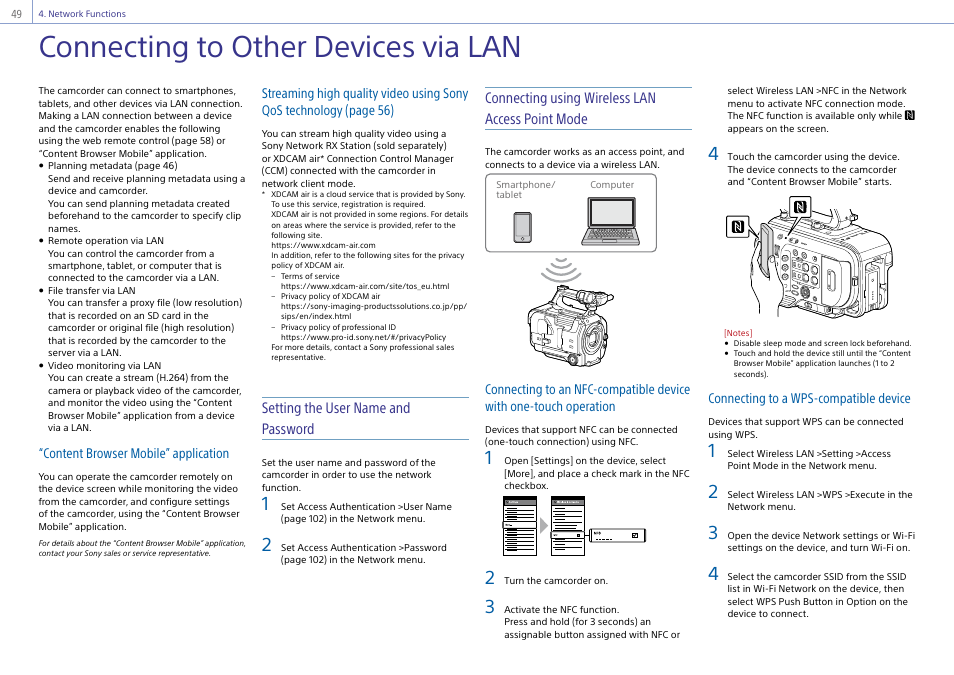 Network functions, Connecting to other devices via lan, Setting the user name and password | Connecting using wireless lan access point mode | Sony Ultra Wide Converter For SEL16F28 and SEL20F28 User Manual | Page 49 / 140