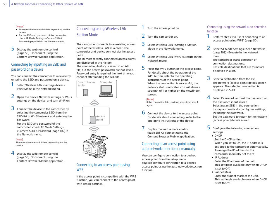 Connecting using wireless lan station mode | Sony Ultra Wide Converter For SEL16F28 and SEL20F28 User Manual | Page 50 / 140