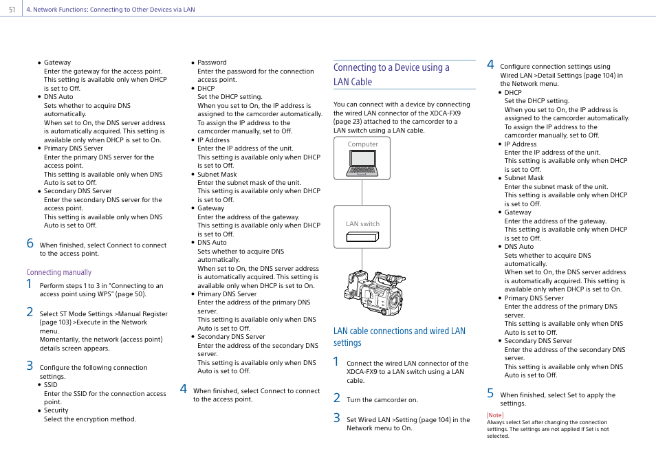 Connecting to a device using a lan cable, Lan cable connections and wired lan settings | Sony Ultra Wide Converter For SEL16F28 and SEL20F28 User Manual | Page 51 / 140