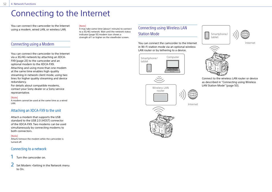 Connecting to the internet, Connecting using a modem, Connecting using wireless lan station mode | Sony Ultra Wide Converter For SEL16F28 and SEL20F28 User Manual | Page 52 / 140