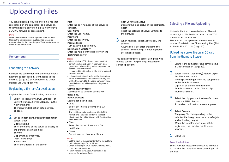 Uploading files, Preparations, Selecting a file and uploading | Connecting to a network, Registering a file transfer destination | Sony Ultra Wide Converter For SEL16F28 and SEL20F28 User Manual | Page 54 / 140