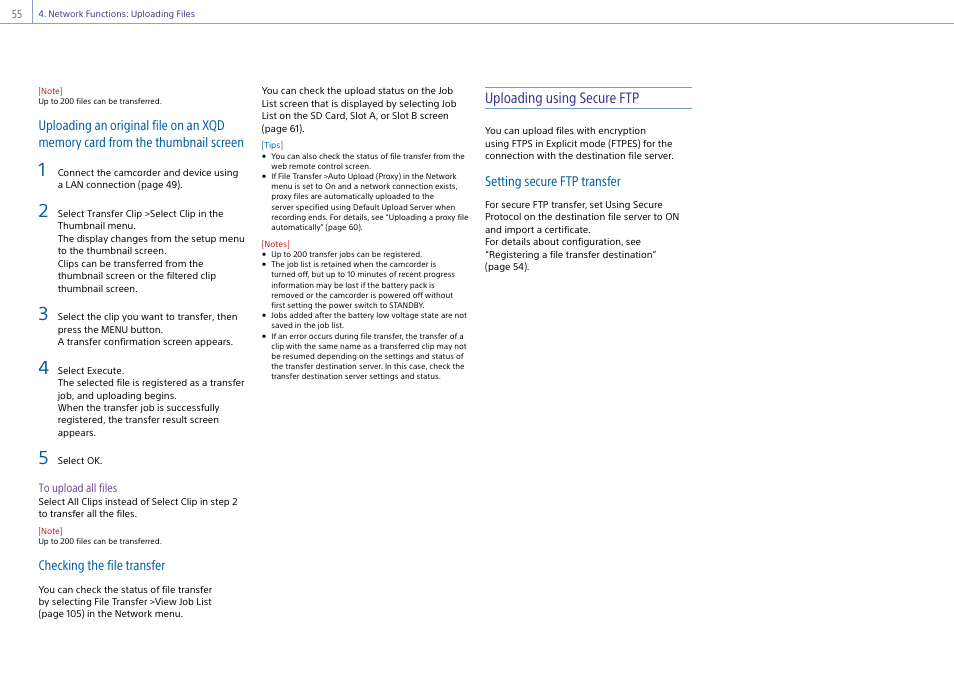 Uploading using secure ftp, Checking the file transfer, Setting secure ftp transfer | Sony Ultra Wide Converter For SEL16F28 and SEL20F28 User Manual | Page 55 / 140