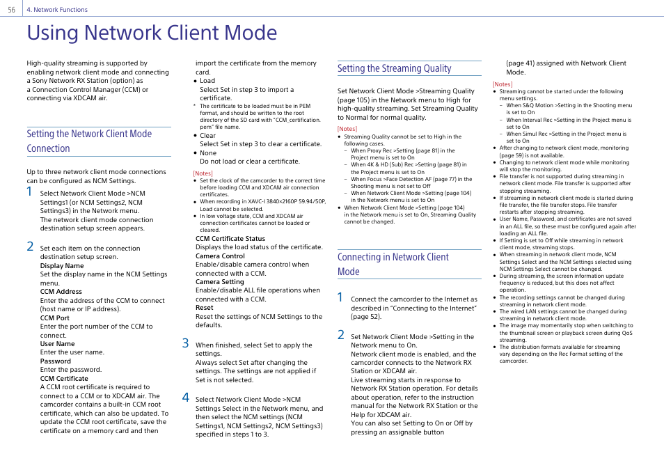 Using network client mode, Setting the network client mode connection, Setting the streaming quality | Connecting in network client mode | Sony Ultra Wide Converter For SEL16F28 and SEL20F28 User Manual | Page 56 / 140