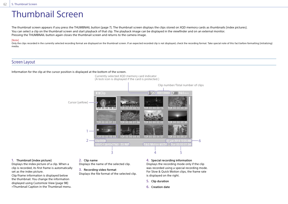 Thumbnail screen, Screen layout | Sony Ultra Wide Converter For SEL16F28 and SEL20F28 User Manual | Page 62 / 140