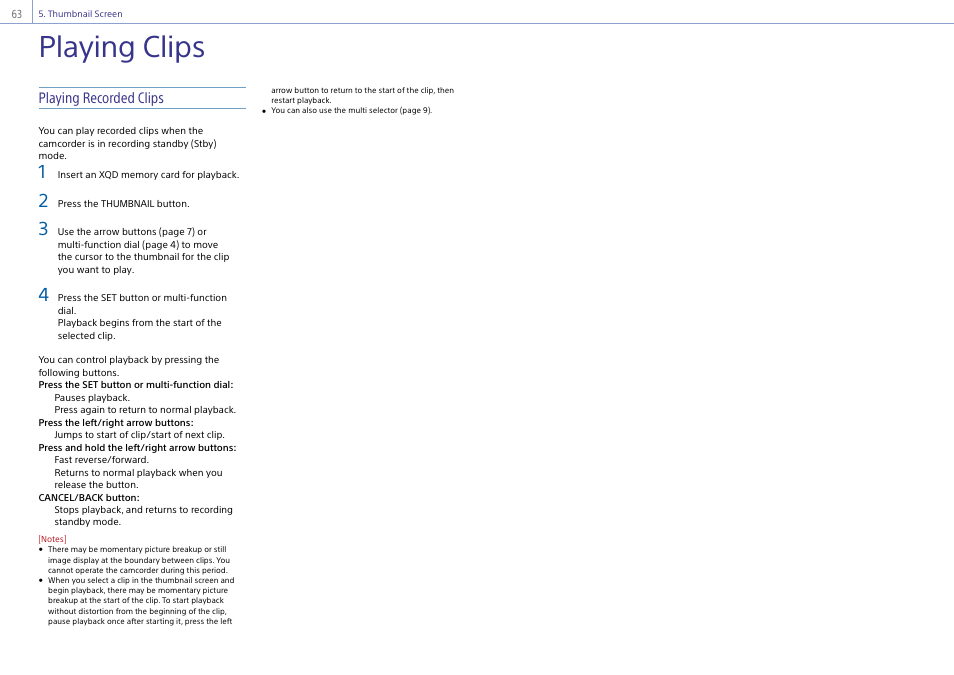 Playing clips, Playing recorded clips | Sony Ultra Wide Converter For SEL16F28 and SEL20F28 User Manual | Page 63 / 140