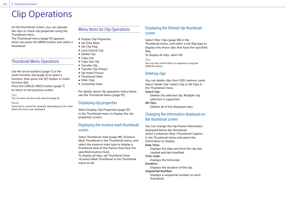 Clip operations, Thumbnail menu operations, Menu items for clip operations | Displaying clip properties, Displaying the essence mark thumbnail screen, Displaying the filtered clip thumbnail screen, Deleting clips | Sony Ultra Wide Converter For SEL16F28 and SEL20F28 User Manual | Page 64 / 140