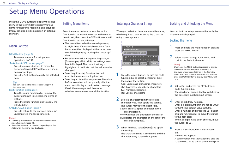 Setup menu operations, Menu controls, Setting menu items | Entering a character string, Locking and unlocking the menu | Sony Ultra Wide Converter For SEL16F28 and SEL20F28 User Manual | Page 67 / 140