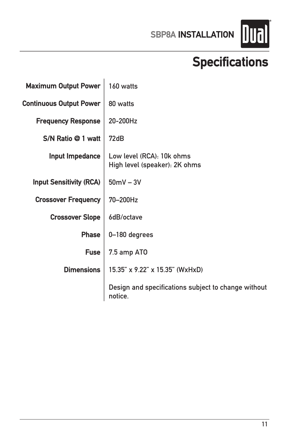 Specifications | Dual ILLUMINITE SBP8A User Manual | Page 11 / 12