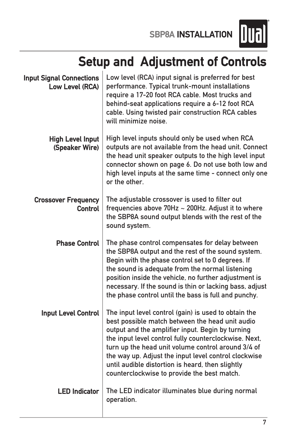 Setup and adjustment of controls | Dual ILLUMINITE SBP8A User Manual | Page 7 / 12