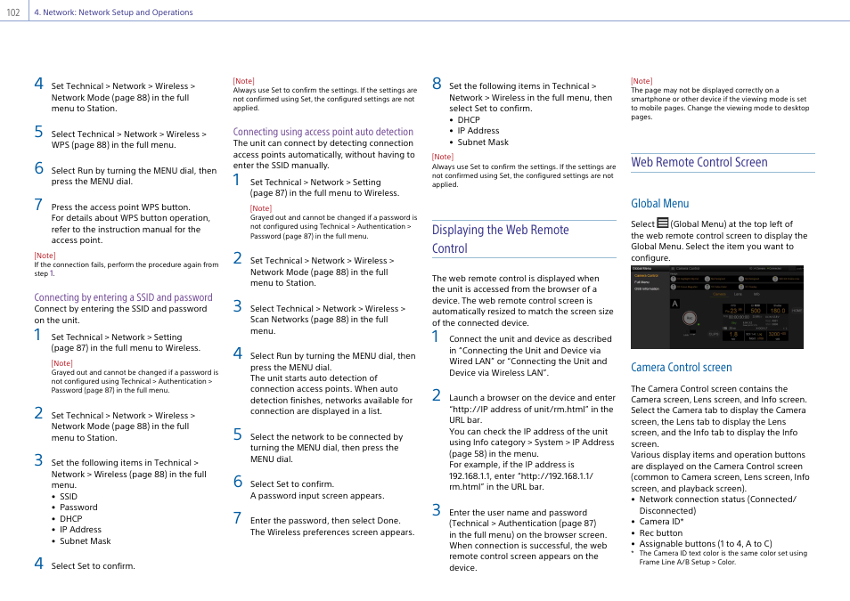 Displaying the web remote control, Web remote control screen | Sony LHP-1 Lens Hood User Manual | Page 102 / 153