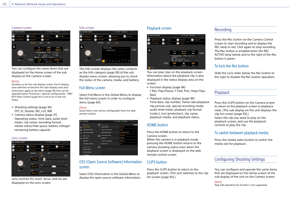 Recording, Playback, Configuring shooting settings | Full menu screen, Oss (open source software) information screen, Playback screen, Home button, Clips button | Sony LHP-1 Lens Hood User Manual | Page 103 / 153