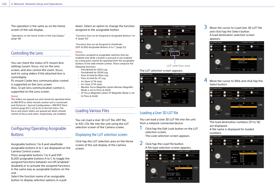 Controlling the lens, Configuring/operating assignable buttons, Loading various files | Displaying the lut selection screen, Loading a user 3d lut file | Sony LHP-1 Lens Hood User Manual | Page 104 / 153