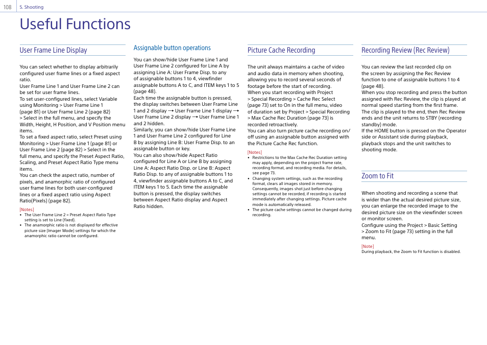Useful functions, User frame line display, Picture cache recording | Recording review (rec review), Zoom to fit, Assignable button operations | Sony LHP-1 Lens Hood User Manual | Page 108 / 153