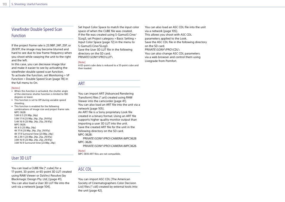 Viewfinder double speed scan function, User 3d lut, Asc cdl | Sony LHP-1 Lens Hood User Manual | Page 110 / 153