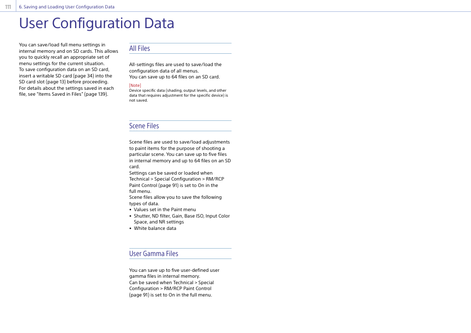 Saving and loading user configuration data, User configuration data, All files | Scene files, User gamma files | Sony LHP-1 Lens Hood User Manual | Page 111 / 153