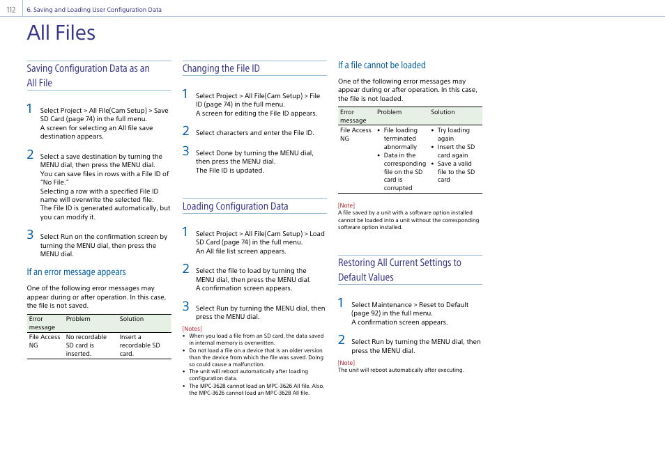 All files, Saving configuration data as an all file, Changing the file id | Loading configuration data, Restoring all current settings to default values, If an error message appears, If a file cannot be loaded | Sony LHP-1 Lens Hood User Manual | Page 112 / 153