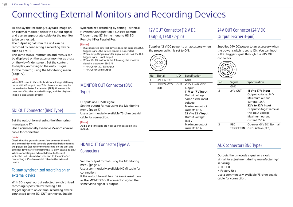 Connecting external monitors and recording devices, Connecting external monitors and recording, Devices | Sdi out connector (bnc type), Monitor out connector (bnc type), Hdmi out connector (type a connector), Aux connector (bnc type) | Sony LHP-1 Lens Hood User Manual | Page 120 / 153