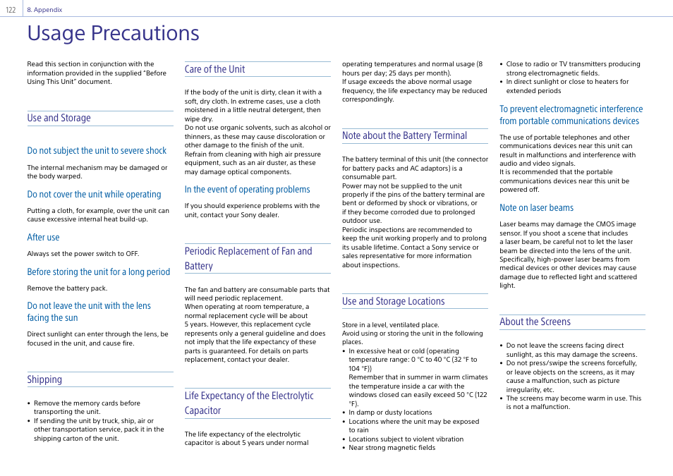 Appendix, Usage precautions, Use and storage | Shipping, Care of the unit, Periodic replacement of fan and battery, Life expectancy of the electrolytic capacitor, Use and storage locations, About the screens | Sony LHP-1 Lens Hood User Manual | Page 122 / 153