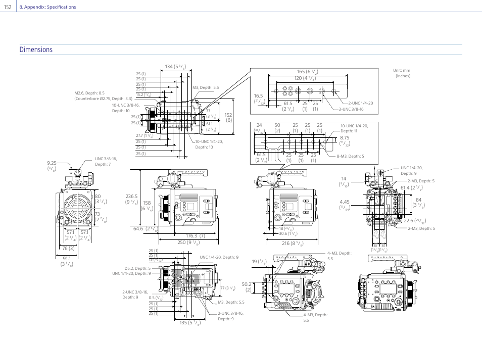 Dimensions | Sony LHP-1 Lens Hood User Manual | Page 152 / 153