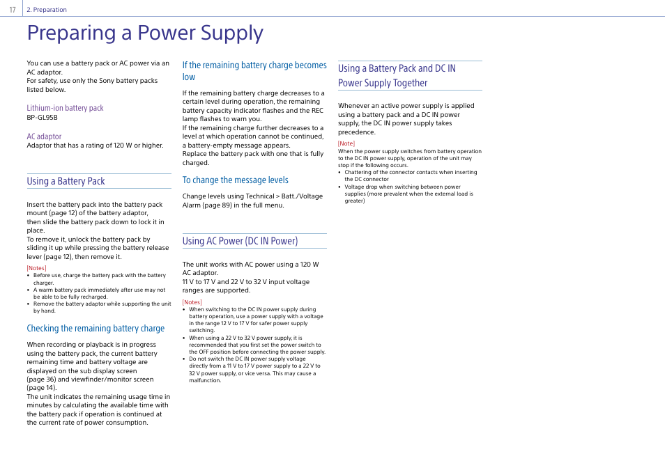 Preparation, Preparing a power supply, Using a battery pack | Using ac power (dc in power), Checking the remaining battery charge, If the remaining battery charge becomes low | Sony LHP-1 Lens Hood User Manual | Page 17 / 153