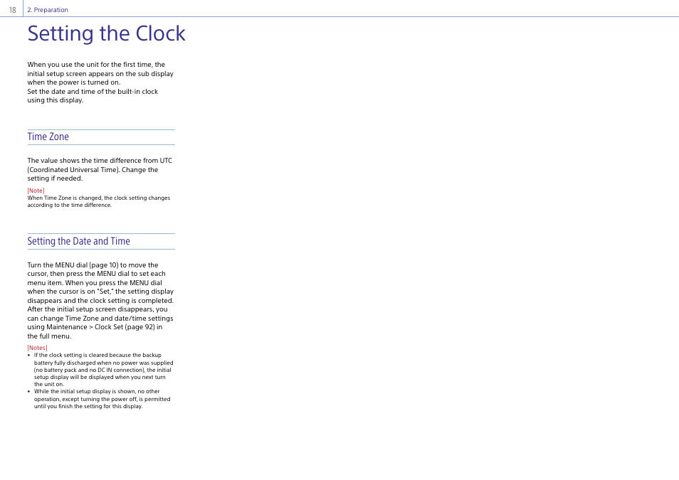 Setting the clock, Time zone, Setting the date and time | Sony LHP-1 Lens Hood User Manual | Page 18 / 153