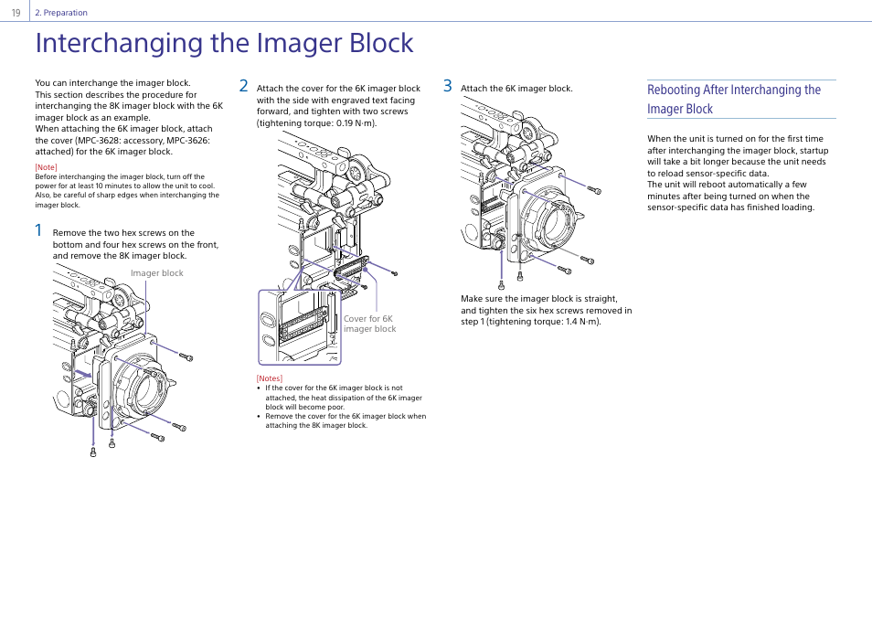 Interchanging the imager block, Rebooting after interchanging the imager block | Sony LHP-1 Lens Hood User Manual | Page 19 / 153