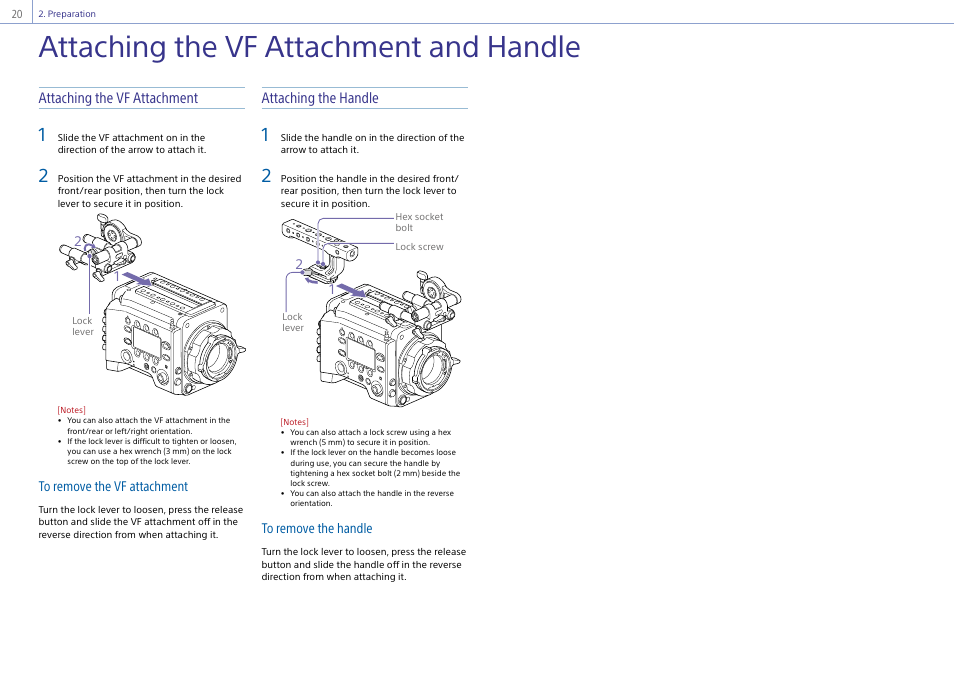Attaching the vf attachment and handle, Attaching the vf attachment, Attaching the handle | Sony LHP-1 Lens Hood User Manual | Page 20 / 153