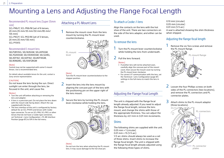 Mounting a lens and adjusting the flange focal, Length, Attaching a pl-mount lens | Adjusting the flange focal length | Sony LHP-1 Lens Hood User Manual | Page 21 / 153