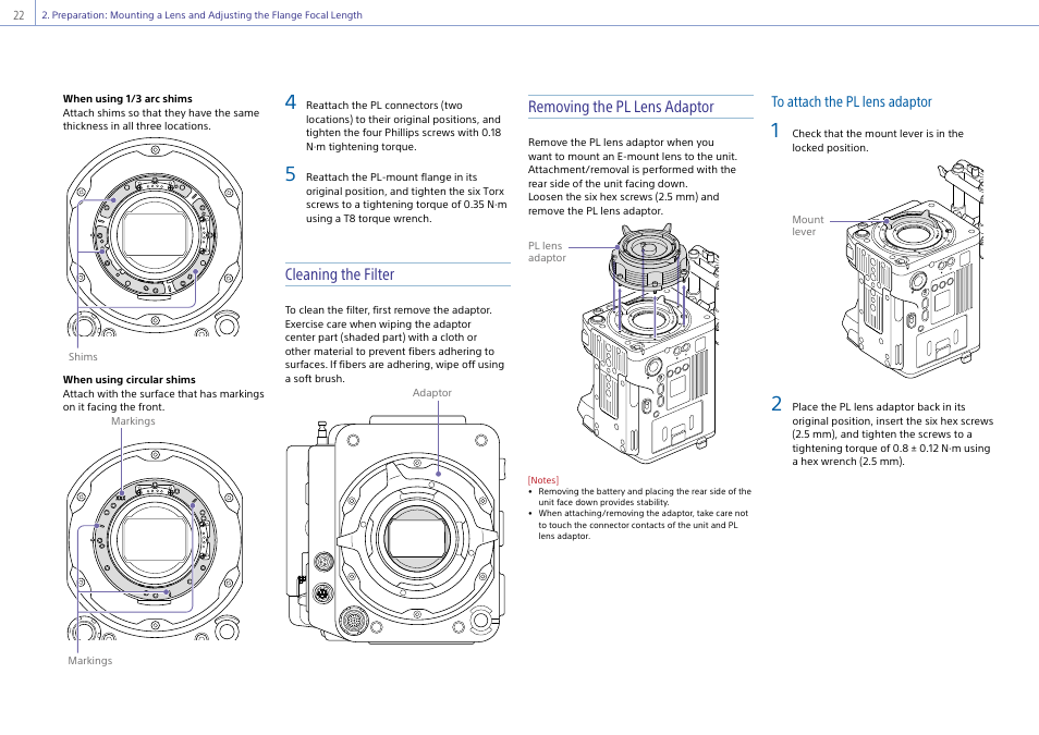 Cleaning the filter, Removing the pl lens adaptor | Sony LHP-1 Lens Hood User Manual | Page 22 / 153