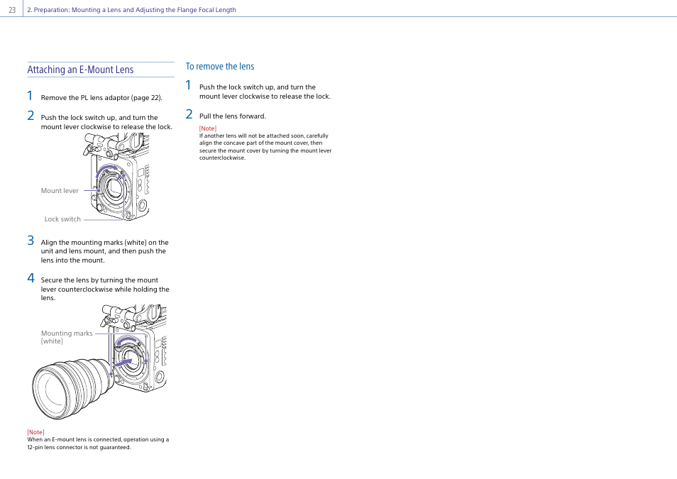 Attaching an e-mount lens | Sony LHP-1 Lens Hood User Manual | Page 23 / 153