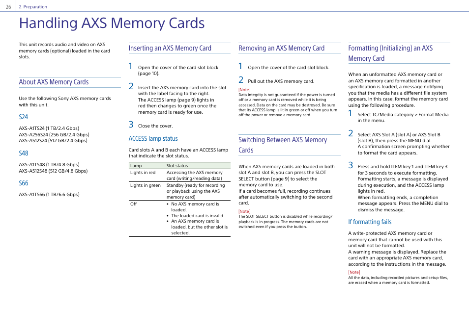 Handling axs memory cards | Sony LHP-1 Lens Hood User Manual | Page 26 / 153