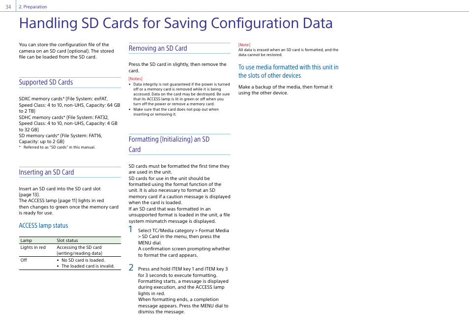 Handling sd cards for saving configuration data, Handling sd cards for saving configuration, Data | Supported sd cards, Inserting an sd card, Removing an sd card, Formatting (initializing) an sd card, Access lamp status | Sony LHP-1 Lens Hood User Manual | Page 34 / 153