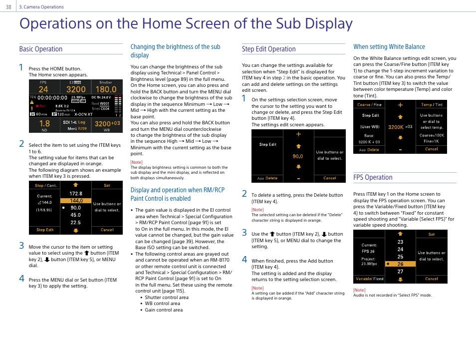 Operations on the home screen of the sub display, Operations on the home screen of the sub, Display | Basic operation, Step edit operation, Fps operation | Sony LHP-1 Lens Hood User Manual | Page 38 / 153