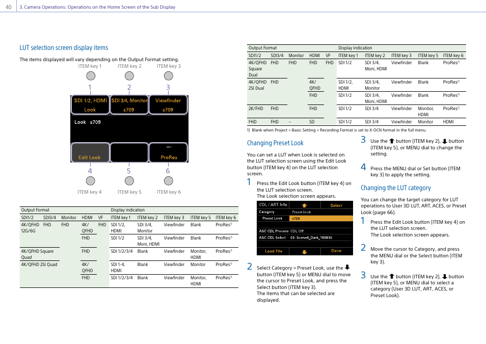 Lut selection screen display items, Changing preset look, Changing the lut category | Sony LHP-1 Lens Hood User Manual | Page 40 / 153