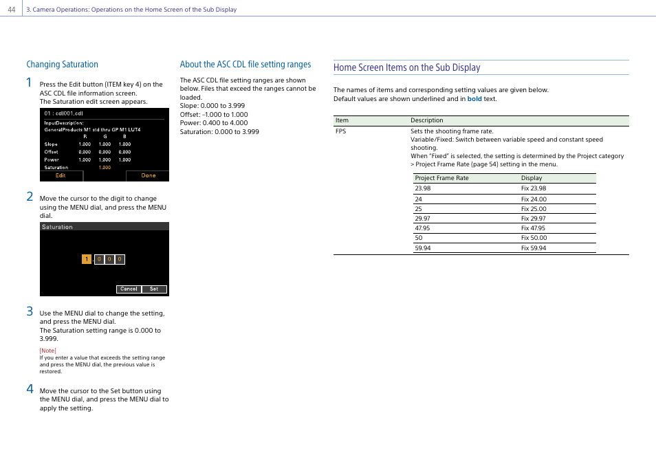 Home screen items on the sub display, Changing saturation, About the asc cdl file setting ranges | Sony LHP-1 Lens Hood User Manual | Page 44 / 153