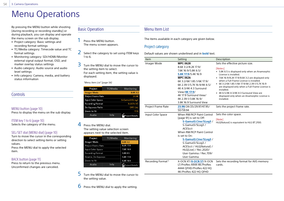 Menu operations, Controls, Basic operation | Menu item list, Project category | Sony LHP-1 Lens Hood User Manual | Page 54 / 153