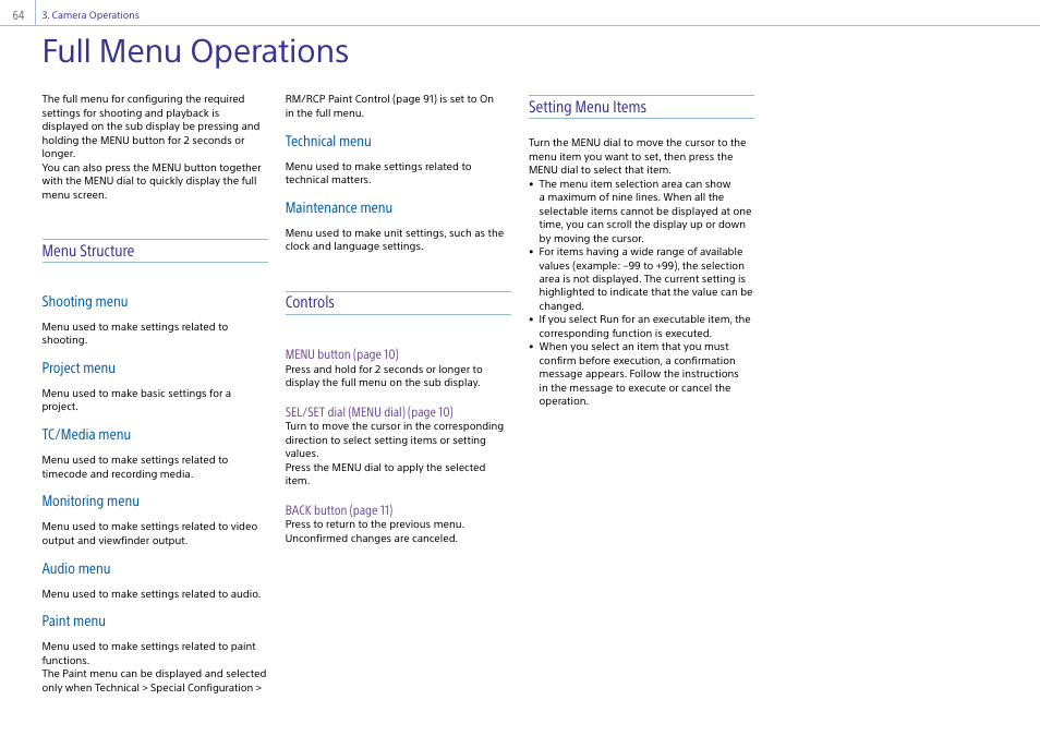 Full menu operations, Menu structure, Controls | Setting menu items | Sony LHP-1 Lens Hood User Manual | Page 64 / 153