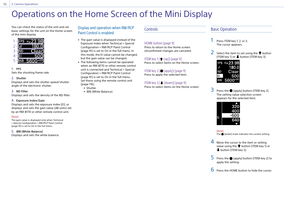 Operations on the home screen of the mini display, Operations on the home screen of the mini, Display | Controls, Basic operation | Sony LHP-1 Lens Hood User Manual | Page 96 / 153