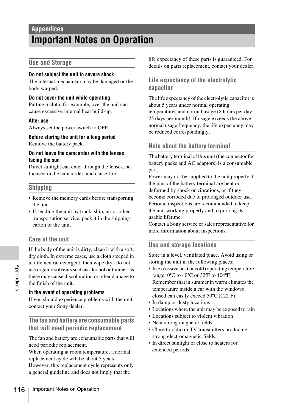 Appendices, Important notes on operation | Sony LA-EA5 A-Mount to E-Mount Adapter User Manual | Page 116 / 150