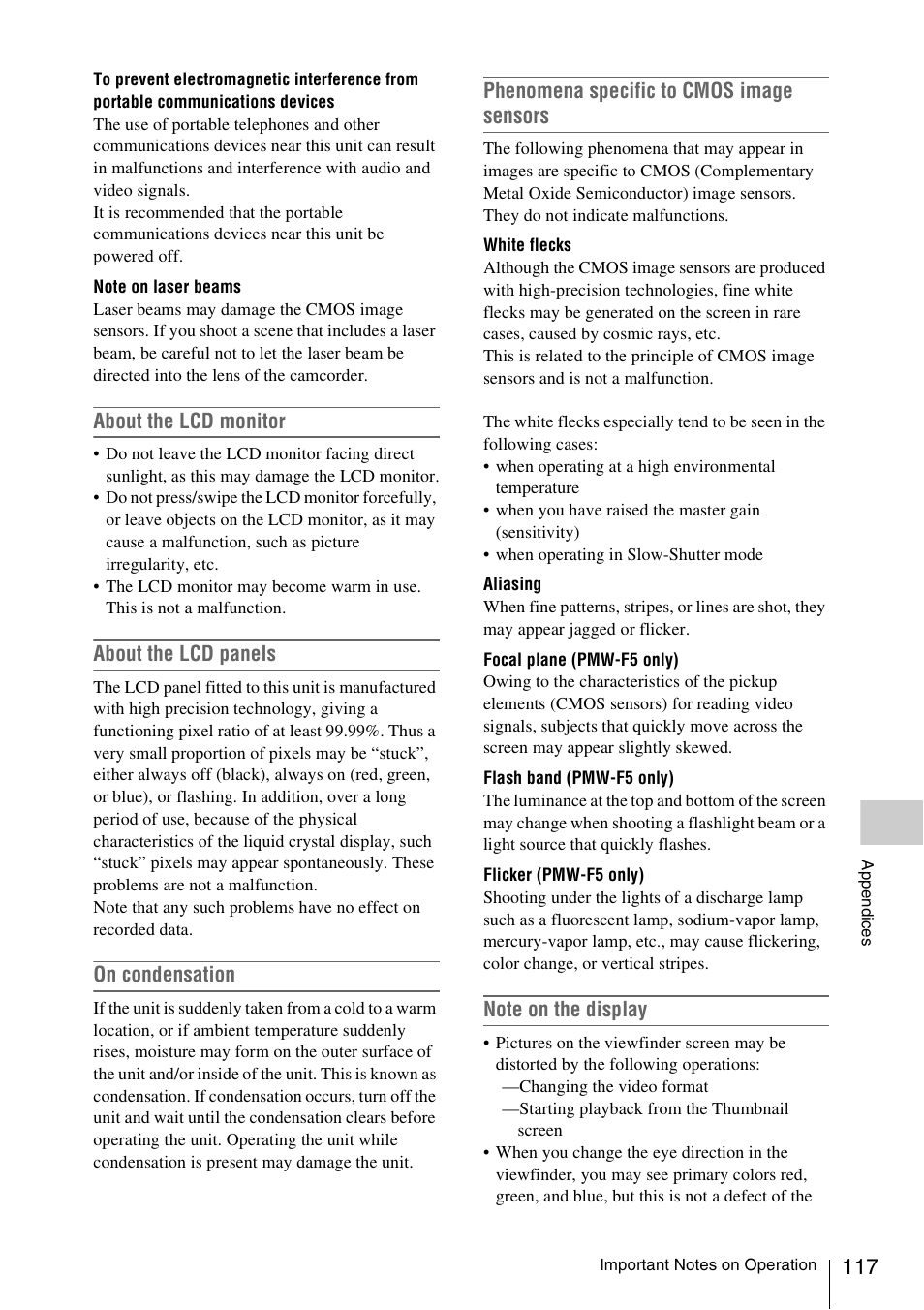 About the lcd monitor, About the lcd panels, On condensation | Phenomena specific to cmos image sensors | Sony LA-EA5 A-Mount to E-Mount Adapter User Manual | Page 117 / 150