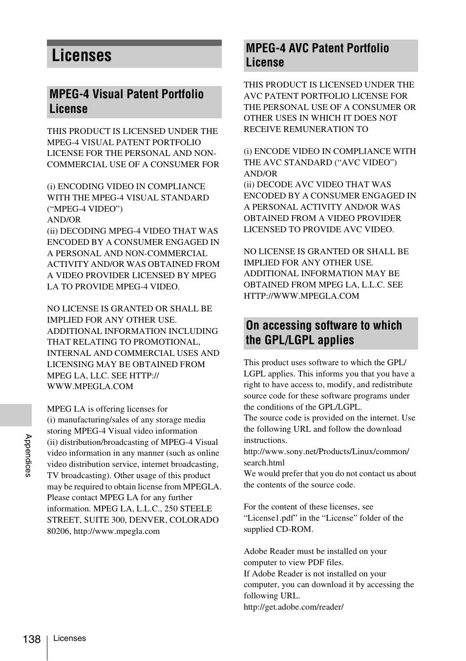 Licenses, Mpeg-4 visual patent portfolio license, Mpeg-4 avc patent portfolio license | Applies | Sony LA-EA5 A-Mount to E-Mount Adapter User Manual | Page 138 / 150