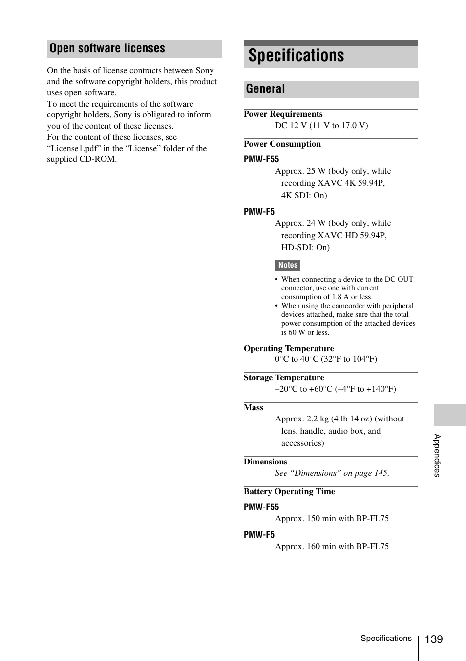 Open software licenses, Specifications, General | Sony LA-EA5 A-Mount to E-Mount Adapter User Manual | Page 139 / 150