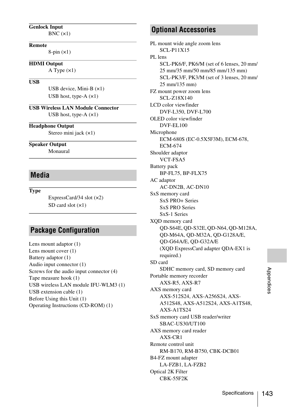 Media, Package configuration, Optional accessories | Media package configuration optional accessories | Sony LA-EA5 A-Mount to E-Mount Adapter User Manual | Page 143 / 150