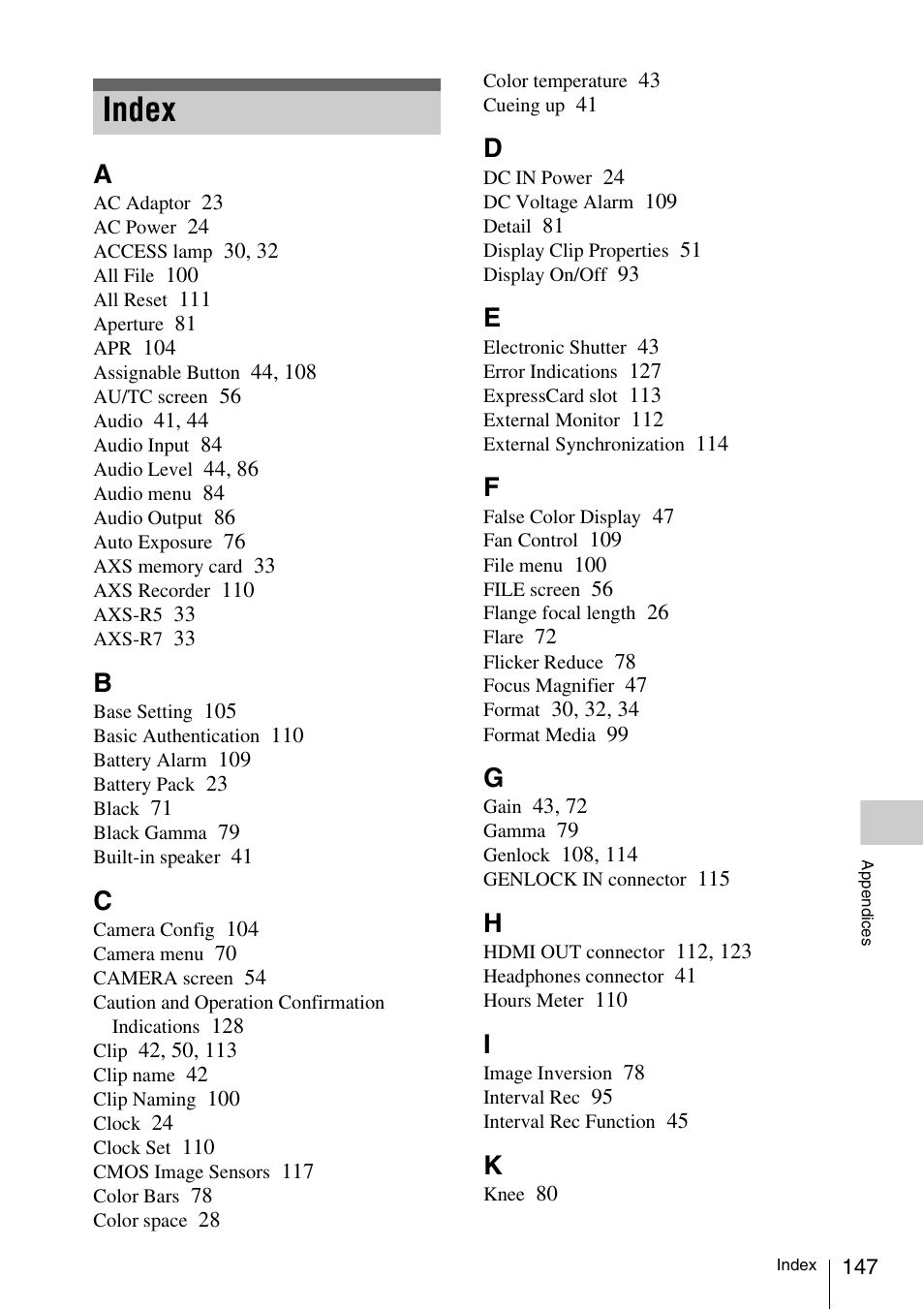 Index | Sony LA-EA5 A-Mount to E-Mount Adapter User Manual | Page 147 / 150
