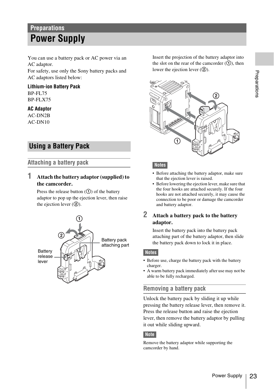 Preparations, Power supply, Using a battery pack | S 23, Attaching a battery pack, Removing a battery pack | Sony LA-EA5 A-Mount to E-Mount Adapter User Manual | Page 23 / 150