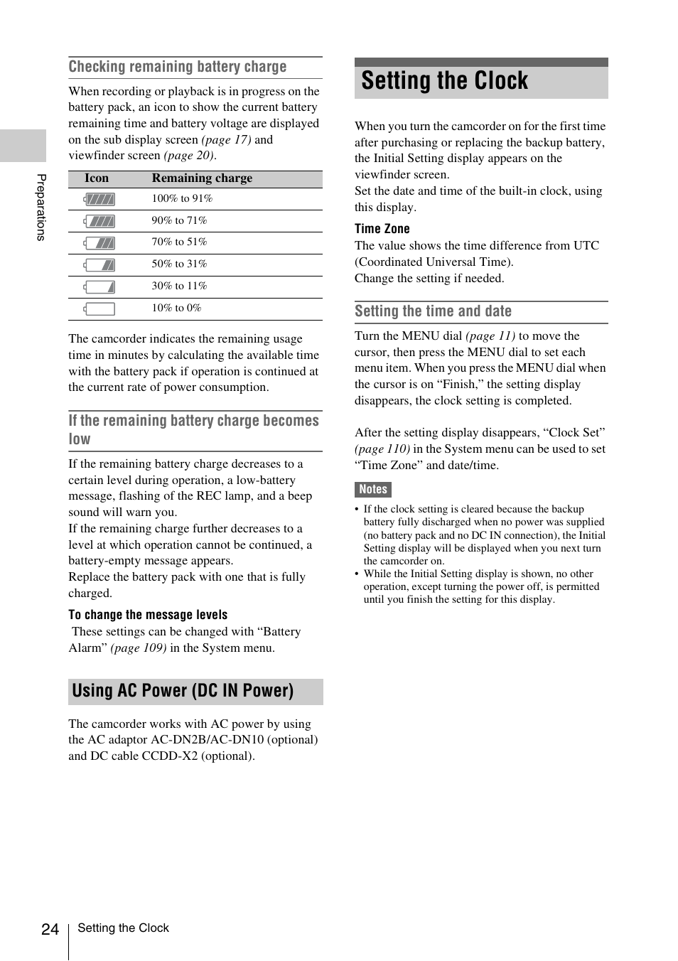 Using ac power (dc in power), Setting the clock, Checking remaining battery charge | If the remaining battery charge becomes low, Setting the time and date | Sony LA-EA5 A-Mount to E-Mount Adapter User Manual | Page 24 / 150