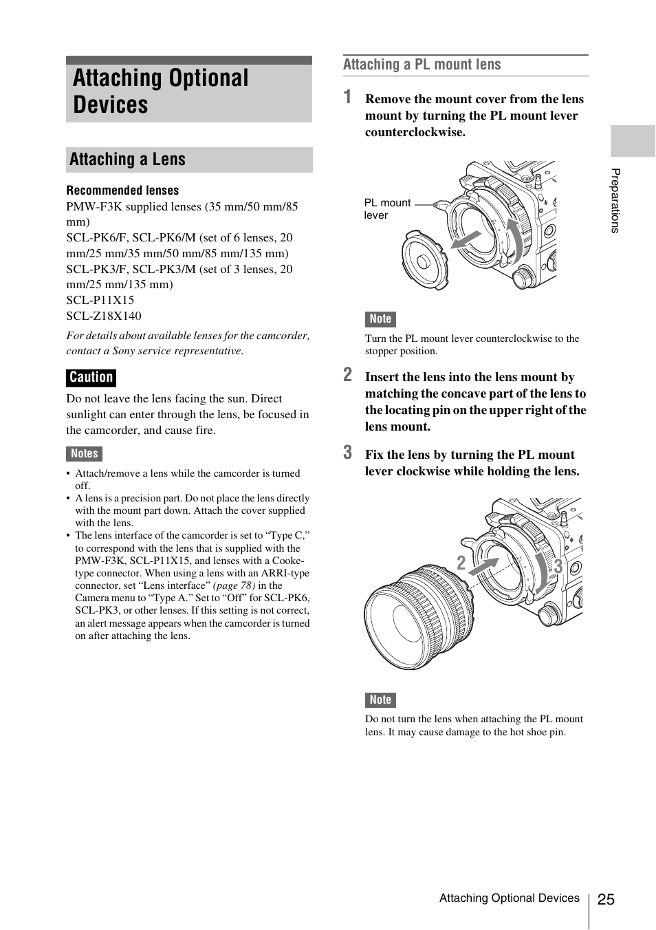 Attaching optional devices, Attaching a lens | Sony LA-EA5 A-Mount to E-Mount Adapter User Manual | Page 25 / 150
