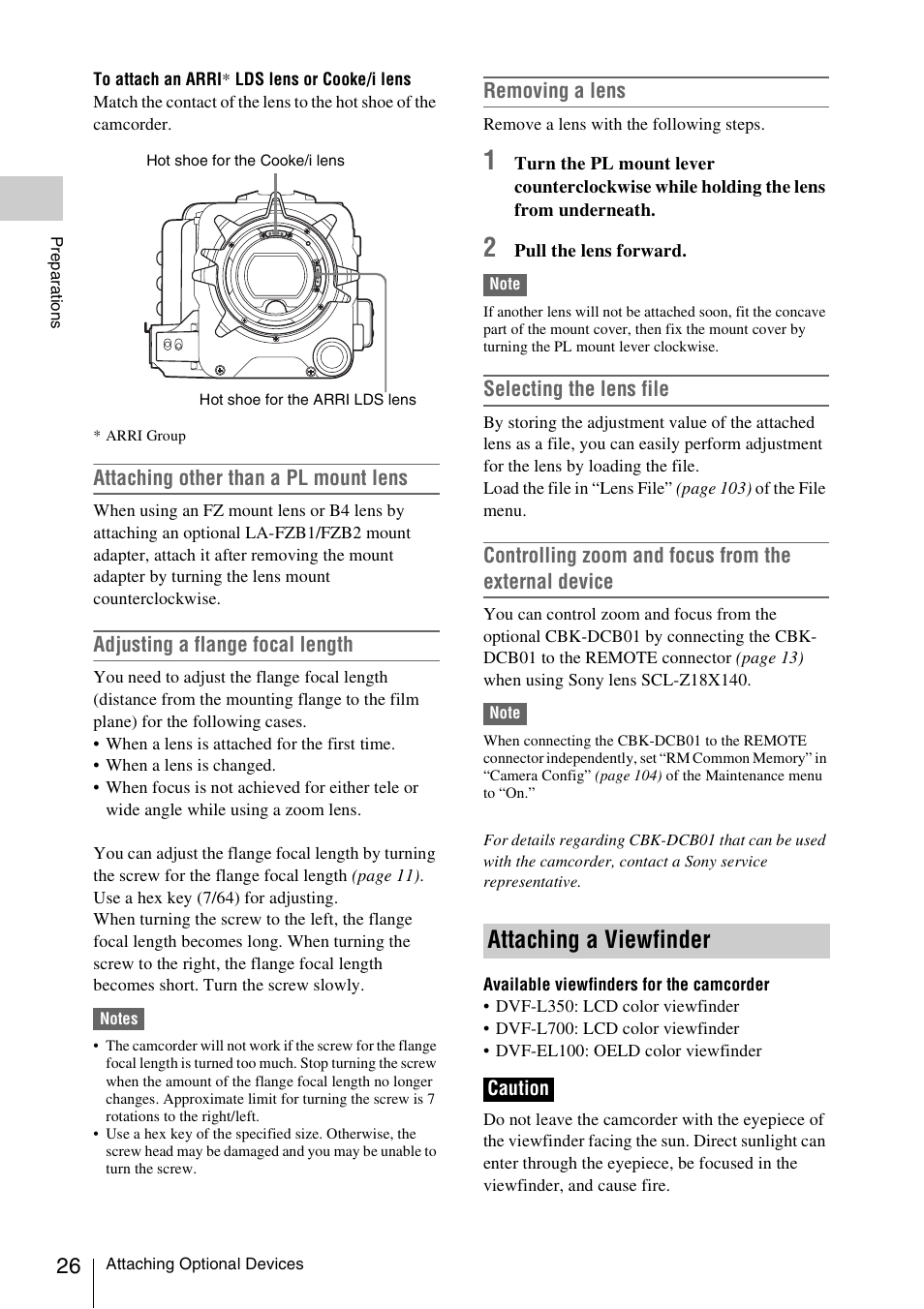 Attaching a viewfinder, Attaching other than a pl mount lens, Adjusting a flange focal length | Removing a lens, Selecting the lens file | Sony LA-EA5 A-Mount to E-Mount Adapter User Manual | Page 26 / 150