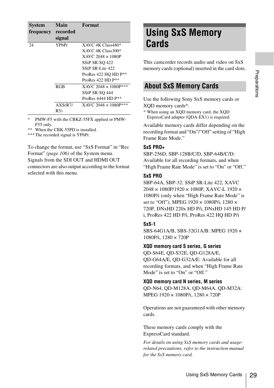 Using sxs memory cards, About sxs memory cards | Sony LA-EA5 A-Mount to E-Mount Adapter User Manual | Page 29 / 150