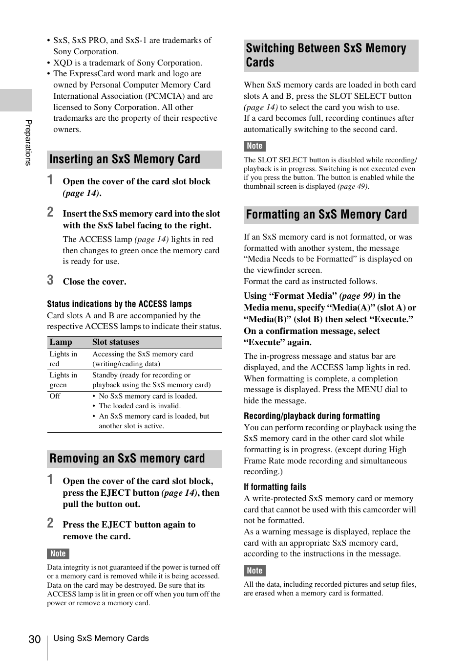 Inserting an sxs memory card, Removing an sxs memory card, Switching between sxs memory cards | Formatting an sxs memory card | Sony LA-EA5 A-Mount to E-Mount Adapter User Manual | Page 30 / 150